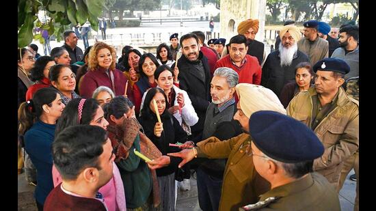 The protest was organised by the Chandigarh Aided College Teachers’ Association (CACTA) (HT Photo)