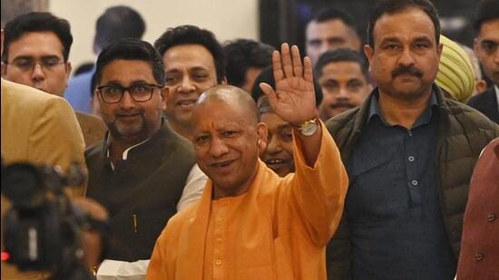 Uttar Pradesh chief minister Yogi Adityanath on his way to attend the winter session at UP Assembly in Lucknow on Friday. (Deepak Gupta/HT)