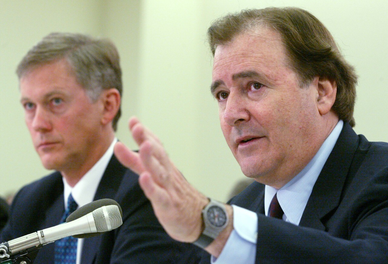 Gary Winnick came under scrutiny in the wake of the Global Crossing collapse. He is pictured testifying before a House subcommittee on oversight and investigations on Capitol Hill in 2002. Gary Winnick came under scrutiny in the wake of the Global Crossing collapse. He is pictured testifying before a House subcommittee on oversight and investigations on Capitol Hill in 2002.