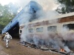 Railway personnel conduct a mock drill near Alambagh. (Deepak Gupta/ht photo)