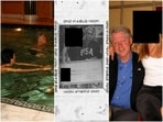 (L to R) Combination photo of Bill Clinton in swimming pool with Ghislaine Maxwell, novelty cheque signed by Trump and Clinton with a woman whose face has been redacted. (L to R) Combination photo of Bill Clinton in swimming pool with Ghislaine Maxwell, novelty cheque signed by Trump and Clinton with a woman whose face has been redacted.