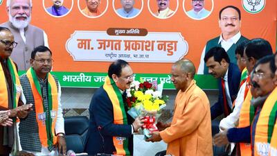 BJP national president JP Nadda and chief minister Yogi Adityanath at the party office in Lucknow on Saturday. (HT) BJP national president JP Nadda and chief minister Yogi Adityanath at the party office in Lucknow on Saturday. (HT)