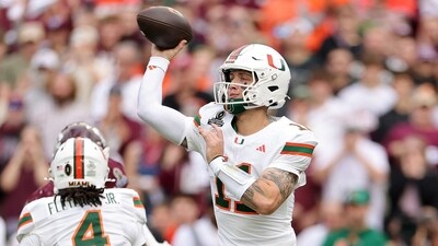 Carson Beck #11 of the Miami Hurricanes throws a pass in the first quarter against the Texas A&M Aggies (Getty Images via AFP) Carson Beck #11 of the Miami Hurricanes throws a pass in the first quarter against the Texas A&M Aggies (Getty Images via AFP)