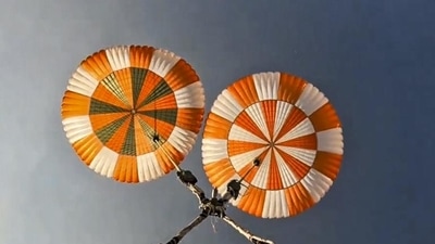 According to ISRO, the deceleration system of the crew module of the Gaganyaan mission has a total of 10 parachutes of 4 types. (X/ @isro) According to ISRO, the deceleration system of the crew module of the Gaganyaan mission has a total of 10 parachutes of 4 types. (X/ @isro)