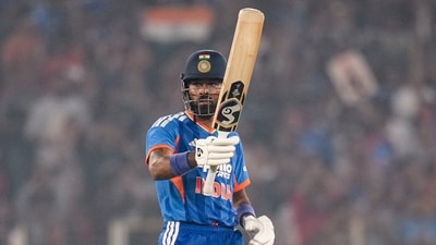 India's Hardik Pandya celebrates his half century during the fifth T20I (PTI)