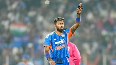 India's Hardik Pandya celebrates the wicket of South Africa's Dewald Brevis. (PTI) India's Hardik Pandya celebrates the wicket of South Africa's Dewald Brevis. (PTI)