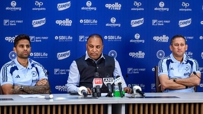 Devajit Saikia, Ajit Agarkar, and Suryakumar Yadav during a press conference to announce the Indian squad for the ICC Men's T20 World Cup 2026. (PTI)