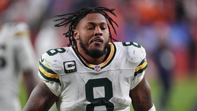 Josh Jacobs' status for the upcoming game against the Chicago Bears is uncertain due to a lingering knee issue. (AP Photo/David Zalubowski) (AP) Josh Jacobs' status for the upcoming game against the Chicago Bears is uncertain due to a lingering knee issue. (AP Photo/David Zalubowski) (AP)
