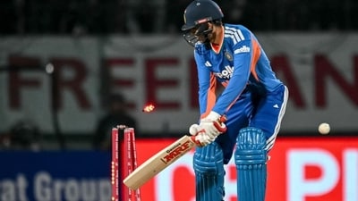 Shubman Gill is bowled by South Africa's Marco Jansen during the third T20I in Dharamsala. (AFP) (HT_PRINT) Shubman Gill is bowled by South Africa's Marco Jansen during the third T20I in Dharamsala. (AFP) (HT_PRINT)