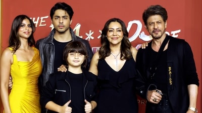 Suhana Khan, Aryan Khan, AbRam, Gauri Khan and Shah Rukh Khan at the premiere of The Ba***ds of Bollywood in Mumbai. (PTI) Suhana Khan, Aryan Khan, AbRam, Gauri Khan and Shah Rukh Khan at the premiere of The Ba***ds of Bollywood in Mumbai. (PTI)