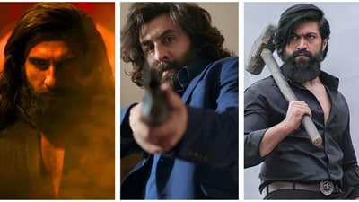 Ranveer Singh in Dhurandhar, Ranbir Kapoor in Animal and Yash in KGF. Ranveer Singh in Dhurandhar, Ranbir Kapoor in Animal and Yash in KGF.
