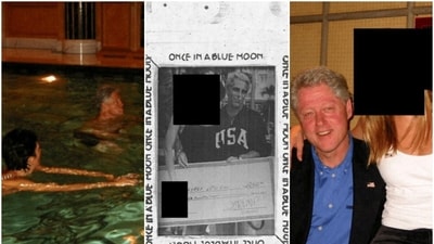(L to R) Combination photo of Bill Clinton in swimming pool with Ghislaine Maxwell, novelty cheque signed by Trump and Clinton with a woman whose face has been redacted. (DoJ) (L to R) Combination photo of Bill Clinton in swimming pool with Ghislaine Maxwell, novelty cheque signed by Trump and Clinton with a woman whose face has been redacted. (DoJ)