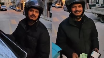 An Indian delivery rider was left speechless after a YouTuber handed him €200 during a delivery. (Instagram/bartmann)