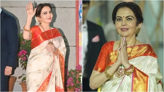 Nita Ambani stuns in elegant Kanjivaram saree at annual school day in Mumbai. (Instagram/@yogenshah_s)