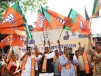 BJP Maharashtra President Ravindra Chavan and party leader celebrate after winning the Maharashtra local body elections, at BJP head office in Nariman Point, in Mumbai, India, on Sunday, Dec 21, 2025. 
