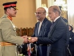 Prime Minister Shehbaz Sharif (R) and President Asif Ali Zardari (C) jointly conferring the Baton of Field Marshal on Chief of Army Staff Asim Munir. Prime Minister Shehbaz Sharif (R) and President Asif Ali Zardari (C) jointly conferring the Baton of Field Marshal on Chief of Army Staff Asim Munir.