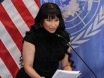 Nicki Minaj speaks during the panel discussion "Combatting Religious Violence and the Killing of Christians in Nigeria" at the US Mission to the United Nations in New York City.