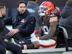 Cleveland Browns running back Quinshon Judkins (10) is carted off the field with an injury against the Buffalo Bills Cleveland Browns running back Quinshon Judkins (10) is carted off the field with an injury against the Buffalo Bills