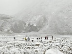 Shinkula Pass in Lahaul valley wears a white mantle on Sunday. (Deepak Sansta/HT)