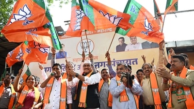 BJP Maharashtra President Ravindra Chavan and party leader celebrate after winning the Maharashtra local body elections, at BJP head office in Nariman Point, in Mumbai, India, on Sunday, Dec 21, 2025. (Bhushan Koyande/HT Photo)