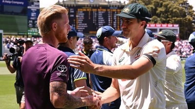 Ben Stokes shakes hands with Pat Cummins after Australia seal the Ashes and go up 3-0. (AFP) Ben Stokes shakes hands with Pat Cummins after Australia seal the Ashes and go up 3-0. (AFP)