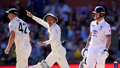 Marnus Labuschagne runs off in celebration after Ben Stokes' wicket on Day 4. (AFP) Marnus Labuschagne runs off in celebration after Ben Stokes' wicket on Day 4. (AFP)
