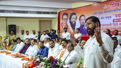 Maharashtra Deputy Chief Minister Eknath Shinde speaks during a party workers' meet held in Airoli ahead of the upcoming Navi Mumbai Municipal Corporation (NMMC) elections, in Navi Mumbai on Sunday (PTI) Maharashtra Deputy Chief Minister Eknath Shinde speaks during a party workers' meet held in Airoli ahead of the upcoming Navi Mumbai Municipal Corporation (NMMC) elections, in Navi Mumbai on Sunday (PTI)