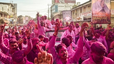 Karad: People celebrate during the counting process of the local body polls, in Karad, Maharashtra, Sunday, Dec. 21, 2025. (PTI Photo) (PTI)