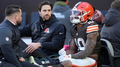 Cleveland Browns running back Quinshon Judkins (10) is carted off the field with an injury against the Buffalo Bills (AP) Cleveland Browns running back Quinshon Judkins (10) is carted off the field with an injury against the Buffalo Bills (AP)