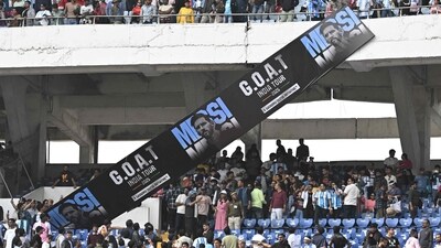 Fans react as Inter Miami's Argentine forward #10 Lionel Messi departs from the Salt Lake Stadium in Kolkata on December 13, 2025. Thousands of fans packed into a stadium in eastern India on December 13 to cheer on Lionel Messi as the football legend unveiled a 21-metre (70-foot) statue of himself. (AFP) Fans react as Inter Miami's Argentine forward #10 Lionel Messi departs from the Salt Lake Stadium in Kolkata on December 13, 2025. Thousands of fans packed into a stadium in eastern India on December 13 to cheer on Lionel Messi as the football legend unveiled a 21-metre (70-foot) statue of himself. (AFP)