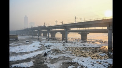 The foam is exaggerated when the Okhla barrage gates are suddenly opened. (HT Archive) The foam is exaggerated when the Okhla barrage gates are suddenly opened. (HT Archive)