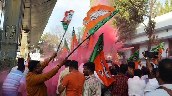 BJP candidates Tejashree Karanjule in Ambernath, and Ruchita Ghorpade in Badlapur, defeated Shiv Sena candidates Manisha Wadekar and Veena Mhatre, respectively (Pramod Tambe/HT Photo)