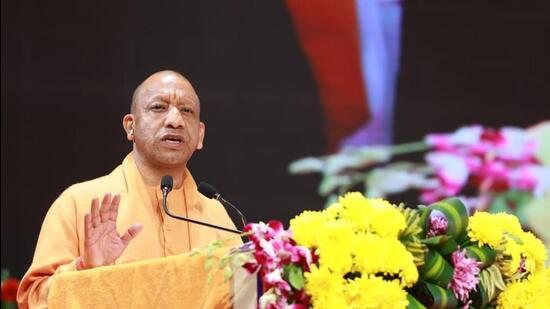 Chief minister Yogi Adityanath at the Yuva Sahakar Sammelan in Lucknow on Sunday. (HT Photo)