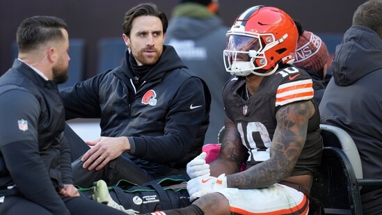 Cleveland Browns running back Quinshon Judkins (10) is carted off the field with an injury against the Buffalo Bills (AP)