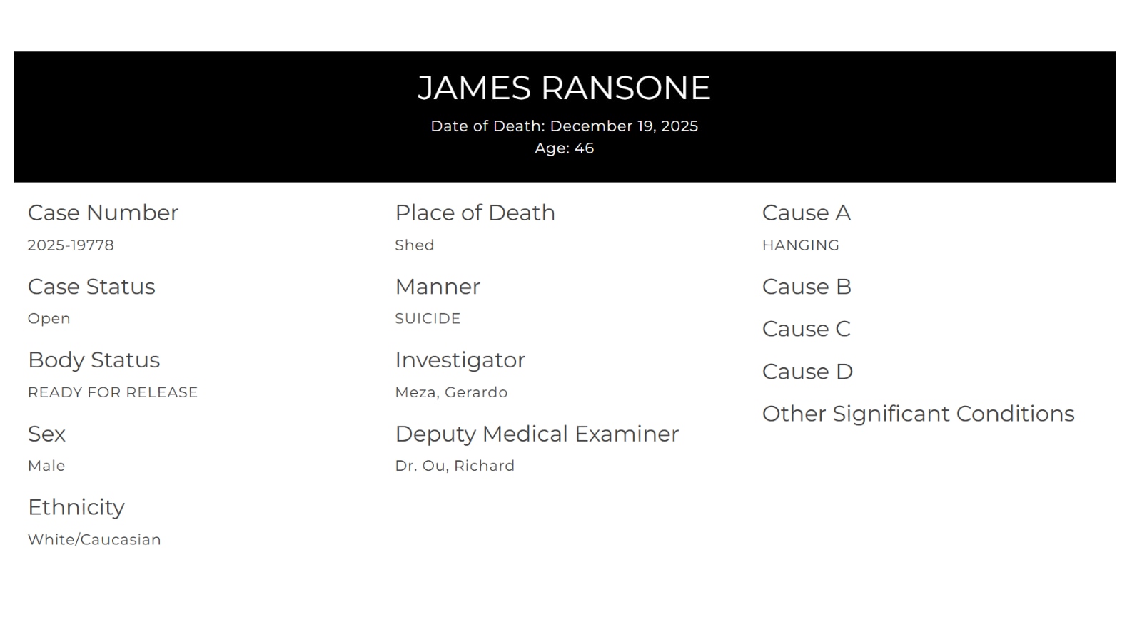 James Ransone's autopsy report, as seen on the website of LA County Medical Examiner. (LA County Medical Examiner)