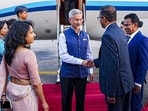 External affairs minister S Jaishankar being welcomed by Sri Lankan minister Ruwan Ranasinghe and others upon his arrival in Colombo, Sri Lanka (@DrSJaishankar/Via PTI)