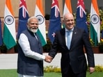 Indian Prime Minister Narendra Modi greets visiting New Zealand Prime Minister Christopher Luxon.