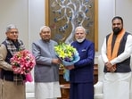 Prime Minister Narendra Modi, Union minister Rajiv Ranjan (Lalan) Singh, Bihar chief minister Nitish Kumar and state deputy chief minister Samrat Choudhary during a meeting in New Delhi on Monday. (@PMOIndia)