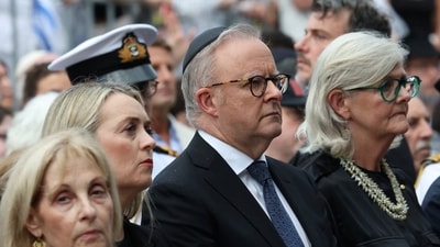 Australia's Prime Minister Anthony Albanese, during the 'Light Over Darkness' vigil honouring victims and survivors of a deadly mass shooting during a Jewish Hanukkah celebration at Bondi Beach in Sydney. (REUTERS)