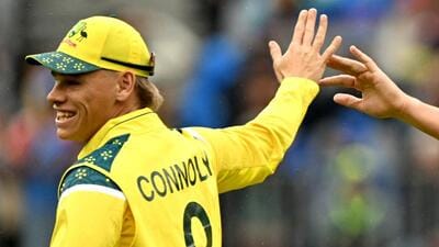 Australia allrounder Cooper Connolly celebrates after taking a wicket in the first ODI against India in Perth on October 19. (AFP) Australia allrounder Cooper Connolly celebrates after taking a wicket in the first ODI against India in Perth on October 19. (AFP)