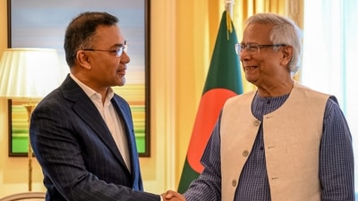 Bangladesh Chief Adviser Muhammad Yunus (R) and acting Bangladesh Nationalist Party (BNP) chairman Tarique Rahman (R) shaking hands during a meeting in London. (AFP) Bangladesh Chief Adviser Muhammad Yunus (R) and acting Bangladesh Nationalist Party (BNP) chairman Tarique Rahman (R) shaking hands during a meeting in London. (AFP)