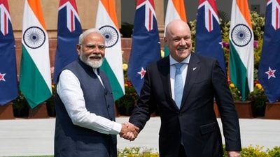 Indian Prime Minister Narendra Modi greets visiting New Zealand Prime Minister Christopher Luxon. (AP) Indian Prime Minister Narendra Modi greets visiting New Zealand Prime Minister Christopher Luxon. (AP)