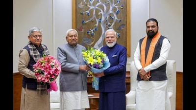 Prime Minister Narendra Modi, Union minister Rajiv Ranjan (Lalan) Singh, Bihar chief minister Nitish Kumar and state deputy chief minister Samrat Choudhary during a meeting in New Delhi on Monday. (@PMOIndia) Prime Minister Narendra Modi, Union minister Rajiv Ranjan (Lalan) Singh, Bihar chief minister Nitish Kumar and state deputy chief minister Samrat Choudhary during a meeting in New Delhi on Monday. (@PMOIndia)