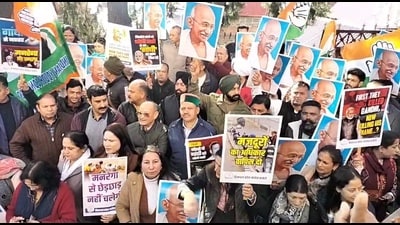 The Himachal Pradesh Congress Committee on Monday staged a protest against the central government, alleging that the move to change the name of the Mahatma Gandhi National Rural Employment Guarantee Act (MGNREGA) and alter its framework would weaken the scheme’s original objectives. (Deepak Sansta)