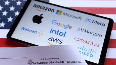 The U.S. flag, H-1B visa application form, and displayed company logos are visible.. (REUTERS/ File)