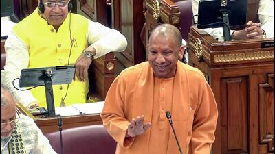 Uttar Pradesh chief minister Yogi Adityanath in the state assembly on Monday. (ANI PHOTO)