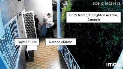 This handout photo from a court exhibit released by the NSW Courts as part of the police facts sheet on December 22, 2025 shows a frame grab taken from closed-circuit television camera (CCTV) video footage of Sajid and Naveed Akram allegedly exiting 103 Brighton Avenue in Campsie on December 14, 2025 as they carried items wrapped in blankets. (AFP PHOTO NSW COURTS) This handout photo from a court exhibit released by the NSW Courts as part of the police facts sheet on December 22, 2025 shows a frame grab taken from closed-circuit television camera (CCTV) video footage of Sajid and Naveed Akram allegedly exiting 103 Brighton Avenue in Campsie on December 14, 2025 as they carried items wrapped in blankets. (AFP PHOTO NSW COURTS)