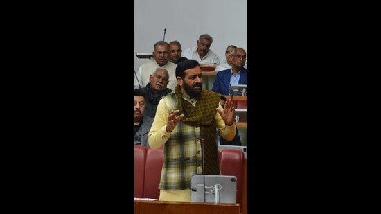 Haryana chief minister Nayab Singh Saini during the winter session of the assembly on Monday. (HT)