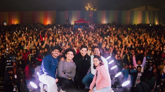 Singer Anuv Jain with team members after the performance in Lucknow