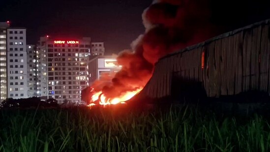 A fire broke out in a furniture warehouse in Surat on Monday. (ANI Video Grab)